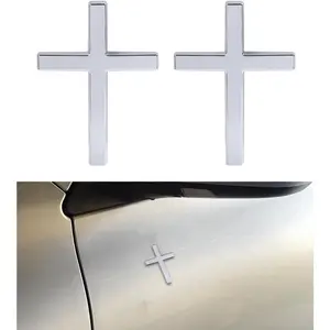 2PCS 3D Silver Jesus Cross Car Stickers – Self-Adhesive Religious Decals for Trunk, Tailgate & Side Doors (2.5" x 1.8）"