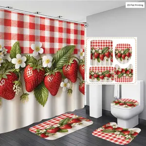 1/3/4PCS Rustic with Strawberries and Flowers Shower Curtain Set with Rugs, Non Slip Bath Mat, U-Shape Carpet, Toilet Lid Cover, Bathtub Curtain Accessories, 12 Hooks, Home Bathroom Festival Decor