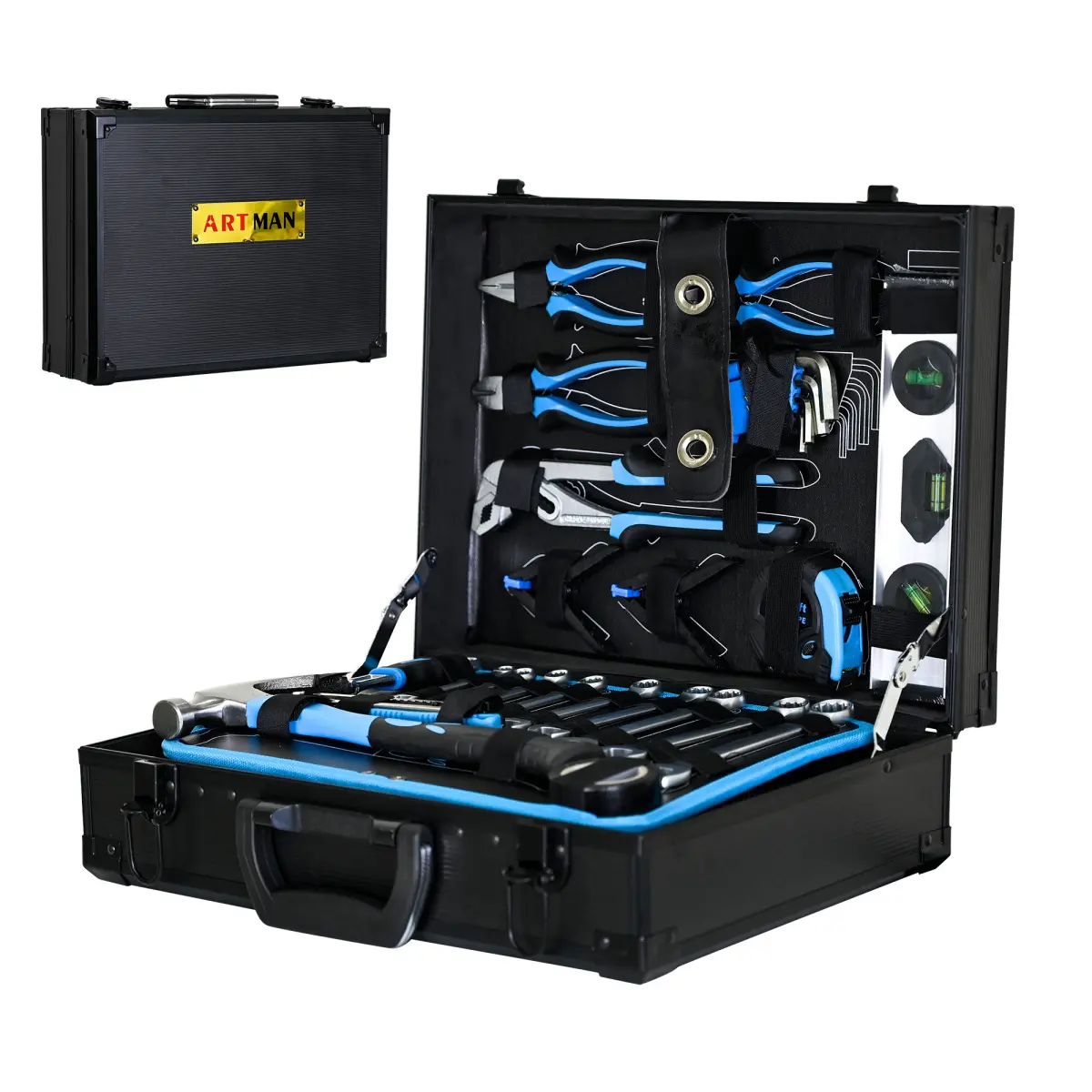 4-Layer Carbon Steel Mechanic Tool Kit Set, Silver Blue Portable Multi-Pocket Toolbox (15.75x11.81x5.51 in) with Wrenches, Screwdrivers, Pliers, Hammer, Tape Measure for Home, Garage Use, All-In-One Tool Kits