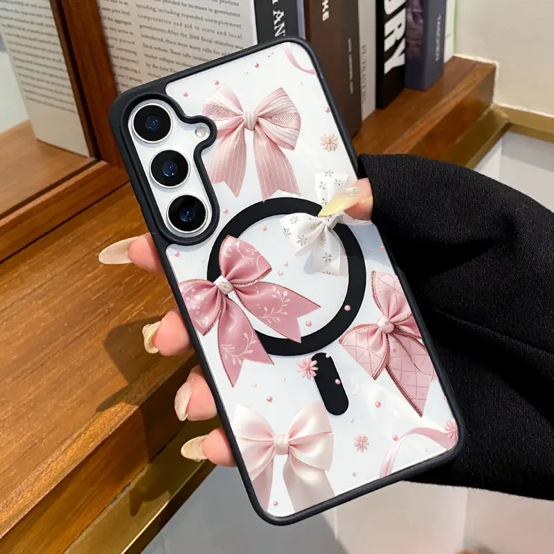 Chic Magnetic Bow Cellphone Case - TPU Shockproof, Anti-Scratch Casing for Galaxy S24 Plus, S25 Ultra, S23 FE Ultra, S22+, iPhone 17 Air, 16 Plus, 15 Pro Max, 14,13,12,11 - Phone Protection Accessory