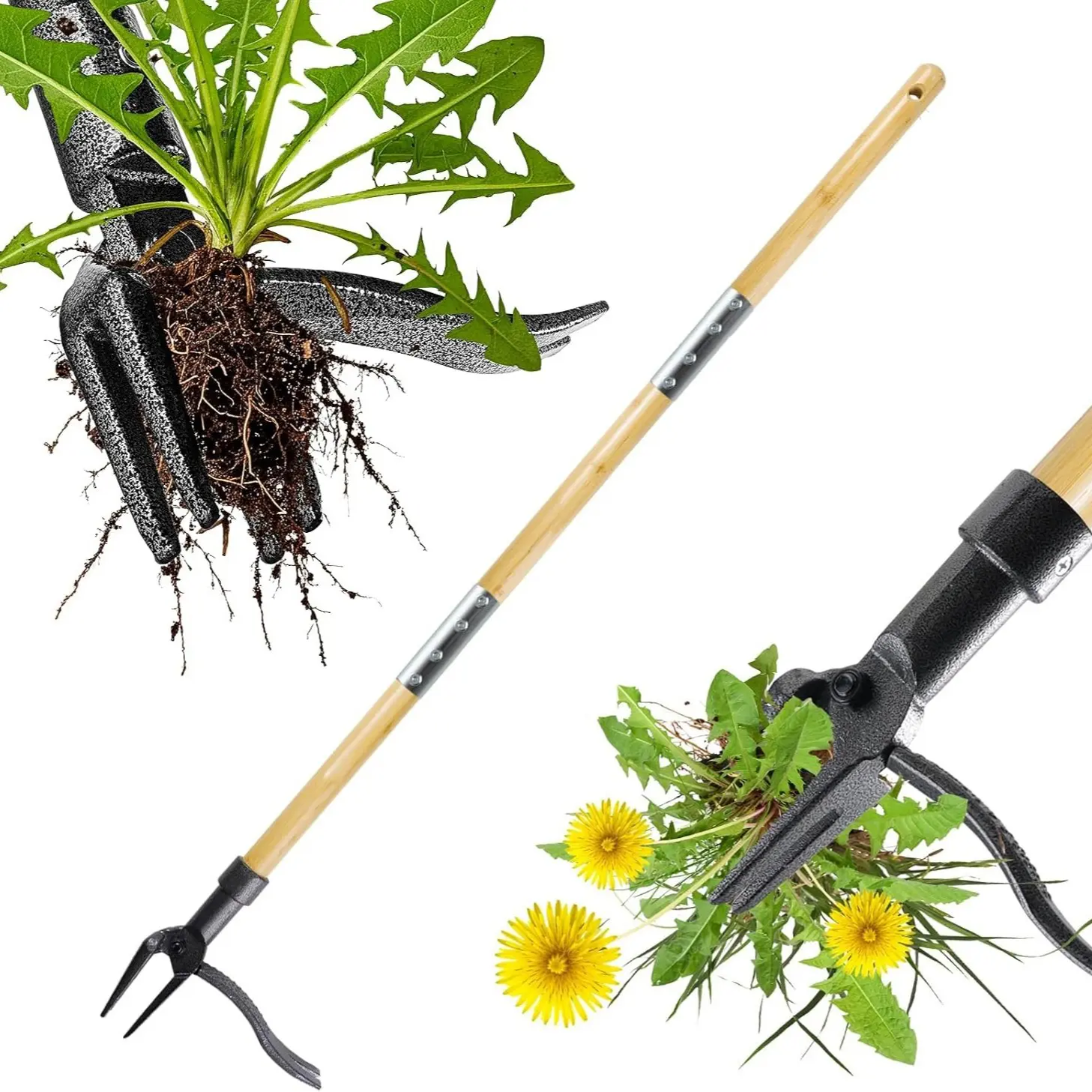 Grandpa's Weed Remover, Weeding Tool, Garden Tool, Lawn Garden Tools, Standing Lawn Tool with Long Handle, Real Bamboo and 4-Prong Steel Head, Easy Grass Removal Without Bending