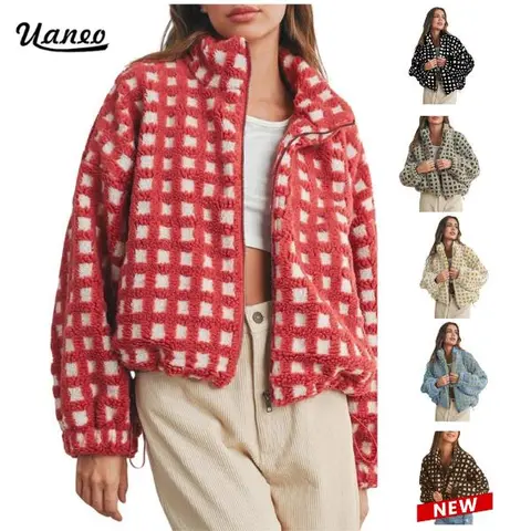 UANEO Women’s Long Sleeve Cropped Sherpa Fleece Plaid Jacket Casual Chunky Teddy Fleece Outerwear