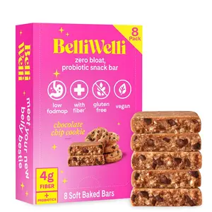 Belliwelli Soft Baked Probiotic Snack Bars - Gluten-Free, Dairy-Free, Vegan, Low-FODMAP, Chocolate Chip (8 Pack) - High-Fiber Snack Bars - Fruit