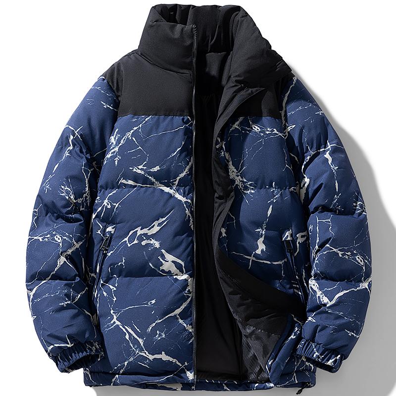 Men's Black Marble Print Stand Collar Puffer Jacket, Stylish Winter Warm Casual Down Coat