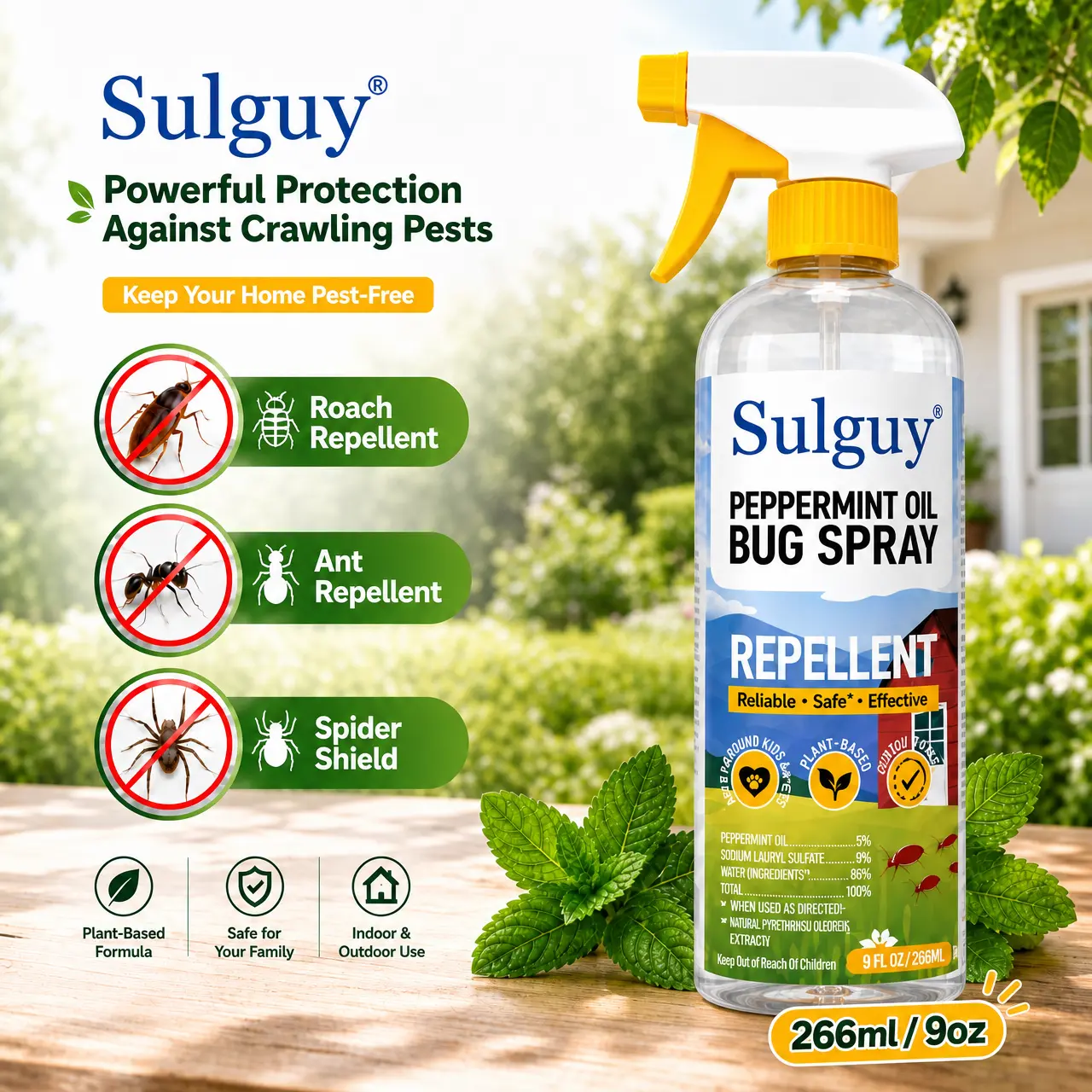 Sulguy Plant Based Peppermint Bug Spray for Roaches | Family Friendly |  9oz/266ml  Indoor Kitchen Baseboard Spider & Ant Repellent Essential Oil Spray Extra-Strong