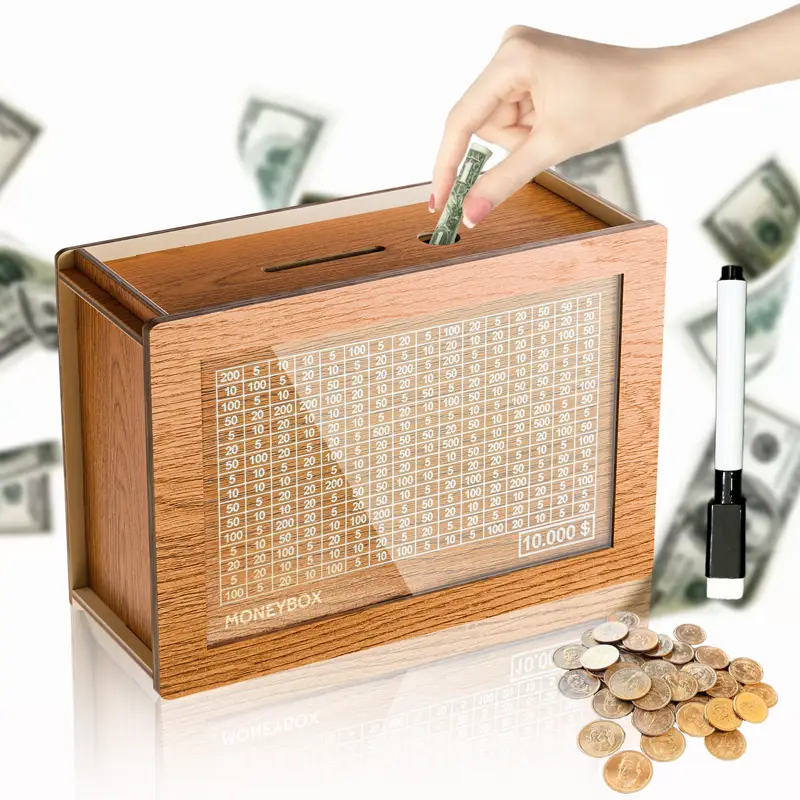 MONEYBOX-Save up to $10,000,Wooden Cash Saving Box,Money Storage Organizer , Cash/Coin 2 sides Piggy, Handcrafted Money Jar,Eco-friendly box made of w