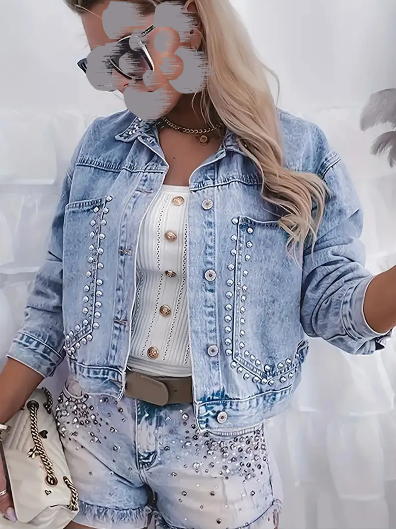 Women's Casual Long Sleeve Button Rivet Embellished Pockets Collared Denim Jacket Coats Outerwear for Travel & Daily Wear