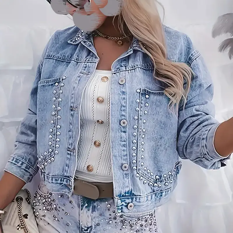 Women's Casual Long Sleeve Button Rivet Embellished Pockets Collared Denim Jacket Coats Outerwear for Travel & Daily Wear Jean Jacket