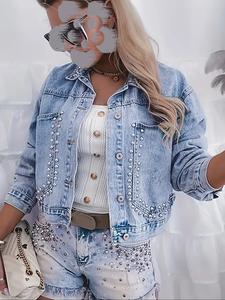 Women's Casual Denim Jacket, Long Sleeve Lapel Neck Button Design, Rivet Embellished Pockets, Perfect for Daily Wear & Travel