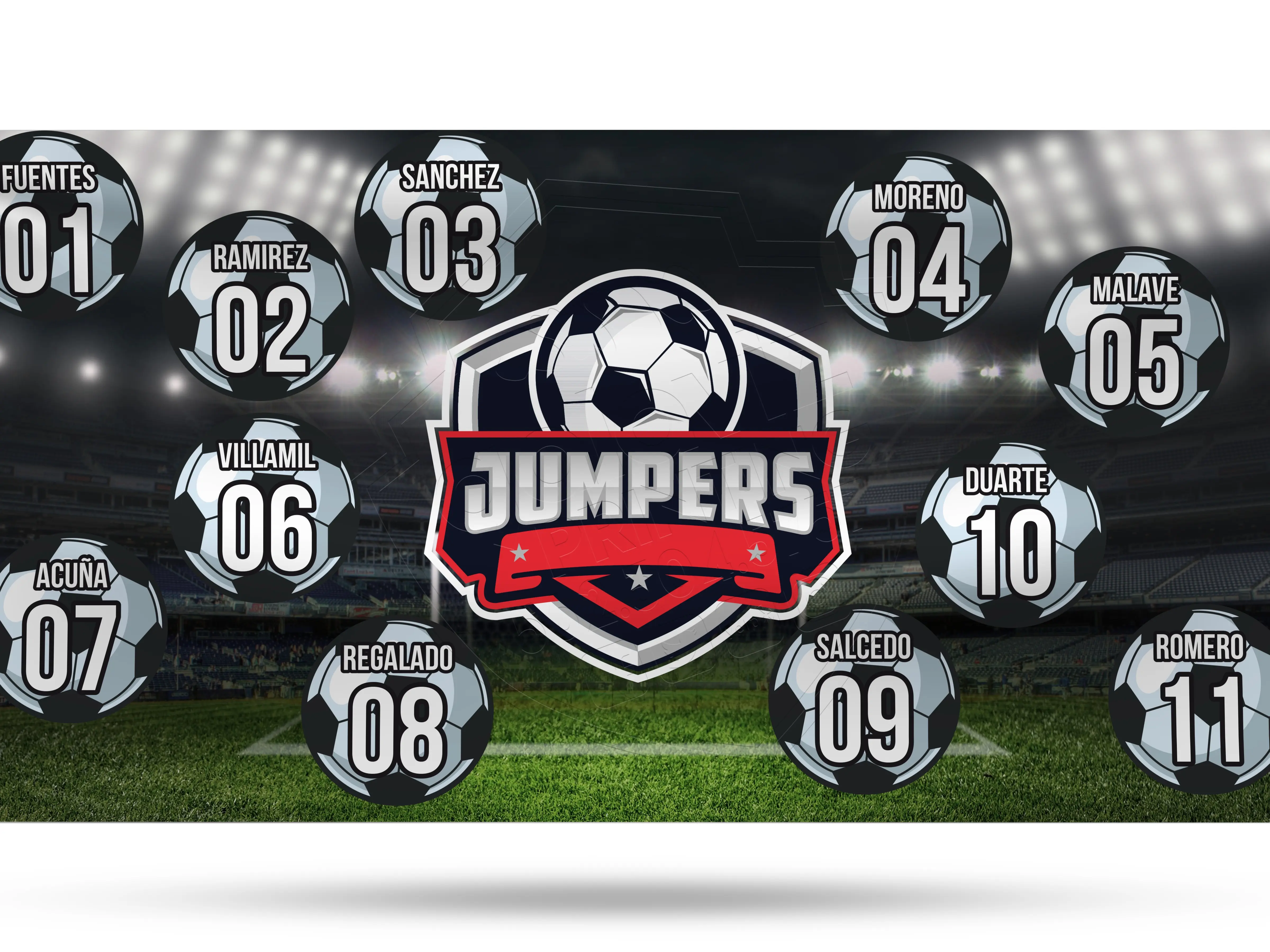 Jumpers Soccer Team Banner 13oz Scrim Vinyl Indoor Outdoor UV Proof with Hemming Grommets and Optional Finishing Options