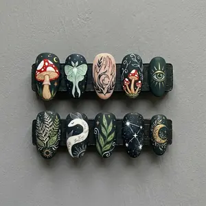 Mystical Forest Press On Nails, Celestial Snake Mushroom Nail Art, Dark Green Witchy Nails, Botanical Almond Nails, Gothic Nails