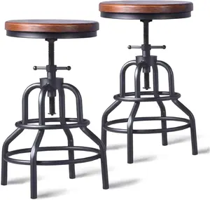 LOKKHAN Vintage Industrial Bar Stool-Rustic Swivel Bar Stool-Round Wood Metal Stool-Kitchen Counter Height Adjustable Pipe Stool-Cast Steel Stool 20-27 Inch (Set of 2) home bar
