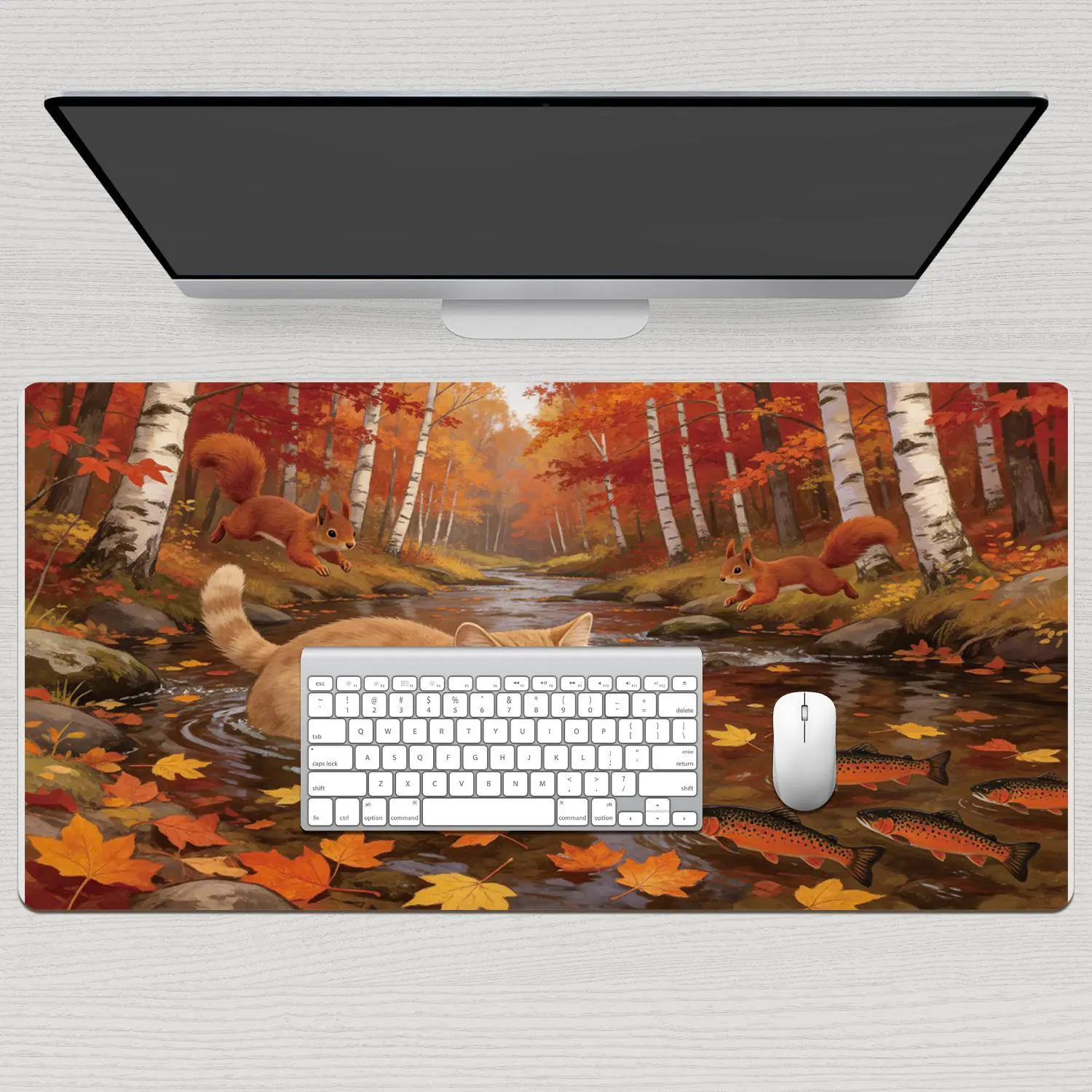 LIVEKEY Large Extended Mouse Pad, 31.5x15.75in Custom-Shaped Gaming-Style Mouse Pad with Cat & Coastal Scenery Design, Non-Slip Base, Stitched Edges for Gaming & Work Desks, Custom-Shaped Mouse Pads, Gaming-Style Mouse Pads