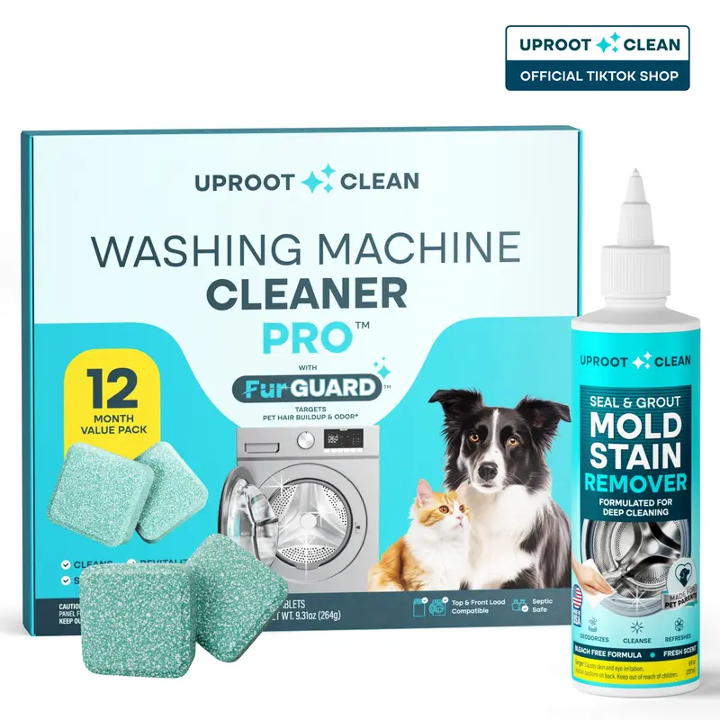 Uproot Clean PET HOME Washer Reset Bundle – Mold Stain Remover Gel & Enzyme Cleaner Tablets – Bleach-Free Seal & Drum Deep Clean for HE, Front & Top Load – Pet-Safe & Septic Safe