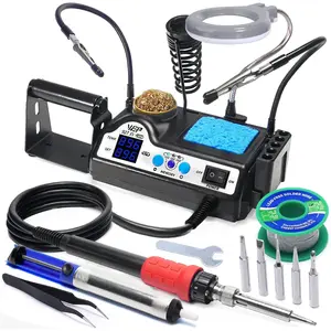 927-IV Soldering Station Kit High-Power 110W with 3 Preset Channels, Sleep Mode, LED Magnifier, 5 Extra Iron Tips, Tip Cleaner, 2 Helping Hands, Tip Storage Slots, Solder Wire, Tweezers