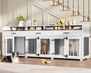 [Ships in 2 Boxes] AMERLIFE 95" Large Dog Crate Furniture with Storage, 3-Room Indoor Wooden Dog Kennel for Large/Medium Dogs, TV Stand & Sideboard with Drawers & Removable Divider/Best Gift Ideas/Christmas Gifts