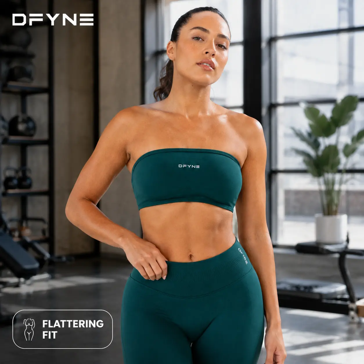 【Flash Sale】With Logo Dfyne Women's Workout Set Strapless Bandeau Top with High Waisted Leggings 2 Piece Open Back Activewear Set for Yoga Pilates Gym and Everyday Wear