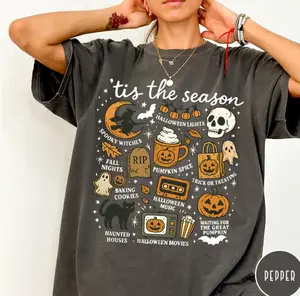 Comfort Colors Vintage Halloween  Shirt, Tis' the Season, Retro Halloween Aesthetic, Women's Halloween Shirt, Pumpkin Witch Graphic Tee Unisex
