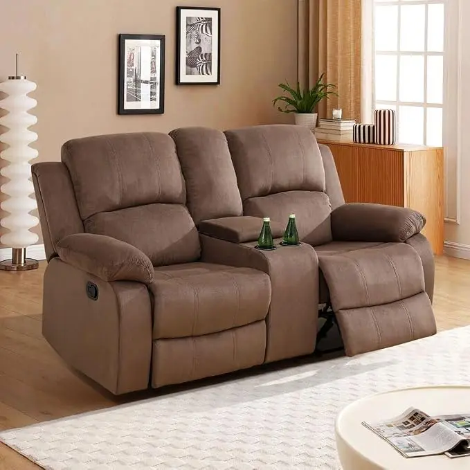 Manual Recliner Loveseat Sofa, Modern Reclining Loveseat, Recliner Sofa Living Room Furniture, 2 Seat Microfiber Couch with Cup Holders/Storage Console for Living Room/Bedroom/Office/RV, Brown