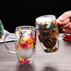 High Borosilicate Large Capacity Double-Layer Petal Water Cup with Dried Flowers & Flowing Sand for Household Coffee & Breakfast Drinkware Glassware Set Beverage