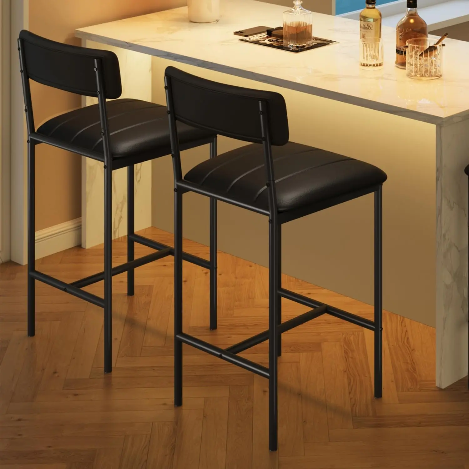 Gaomon 2-Pack Black Modern PU Leather Counter Height Bar Stools - Back-Friendly, High-Density Foam Seat, U-Shape Frame, Footrest, Assembly Required, 400 lbs Capacity Dining Chairs for Kitchen Island, Home Office
