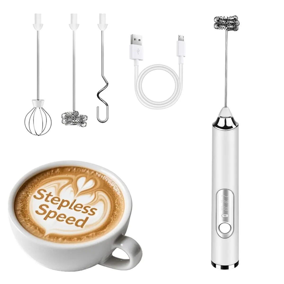 electric milk bubbler Multifunctional Mixer with 3 Mixing Heads - Stepless Speed Professional Milk Frother Egg Beater for Coffee Milk Tea Baking Rechargeable Tool for Cappuccinos and Latte