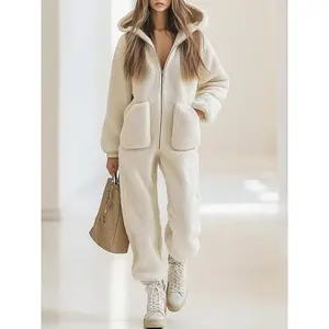 Women's Autumn Winter Fashion Casual Loose Plush Hooded Jumpsuit with Pockets and Zipper Long Sleeve Jumpsuit