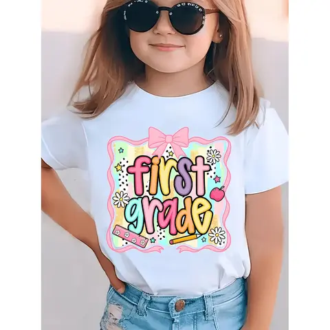 Summer Fashion Girls' Short-Sleeved T-Shirt Back-To-School Season Bow Flower Element First Grade Pencil, Ruler Cartoon Pattern Print Casual Versatile Top