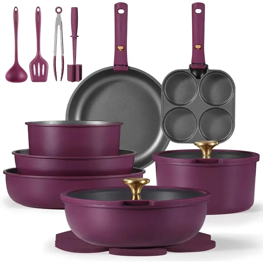 Carote 21pcs Pots and Pans Set Nonstick Cookware Set Detachable Handle Induction Kitchen Cookware Sets Non Stick with Removable Handle