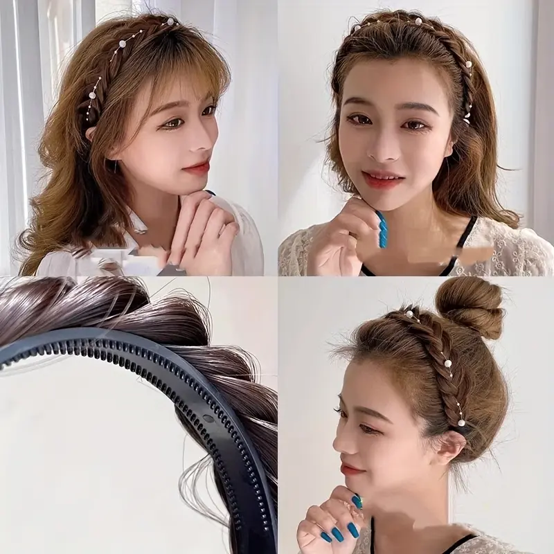 Female Bohemian-Style Faux Pearl Fishtail Braid Headband - Anti-Slip Teeth Design, Handmade Faux Pearls, Wide Edge, Strong Grip, Versatile Elegant Hair Accessory, Versatile And Elegant, Wide Edge Design