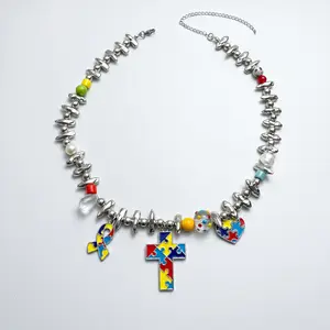 Edgy Y2K Beaded Choker - Unique Puzzle Cross Necklace, 90s Chic, Alt, Chunky, Chrome-Tone Beaded Cross Necklaces for Everyday Wear, Acrylic Bead Alternative Style Jewelry, Alt Necklaces