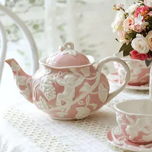 Vintage Embossed Tea Set, 1 Count Teapot & 1 Count Teacup & 1 Count Saucer, Afternoon Tea Set, Drinkware for Home Office Use