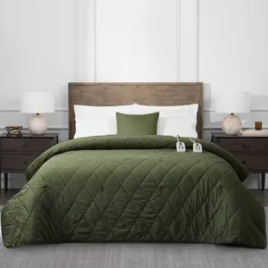 Brookstone King Heated Diamond Stitch Quilt Blanket Olive Green