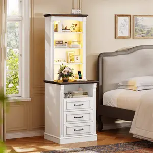 Sikaic Farmhouse Nightstand with Charging Station and LED Lights, 3-Tier Bedside Table with Open Shelf Storage, End Table for Bedroom and Living Room Sofa Side Table