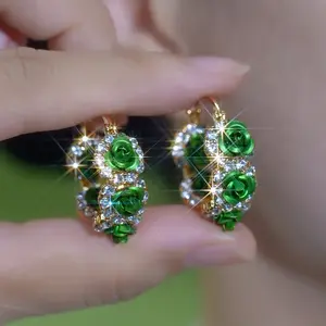 LisiZen Green Rose Hoop Earrings for Women, 2025 New Trend Jewelry, Chic Small Designer Elegant Statement Design DZEH2329