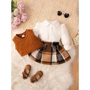3 cute girls',, autumn and winter suits Small Fried Dough Twists vest vest+solid shirt top+pleated bow plaid skirt Suitable playing and going out Holiday style Suitable parties and birthday gifts, Perfect Outdoor