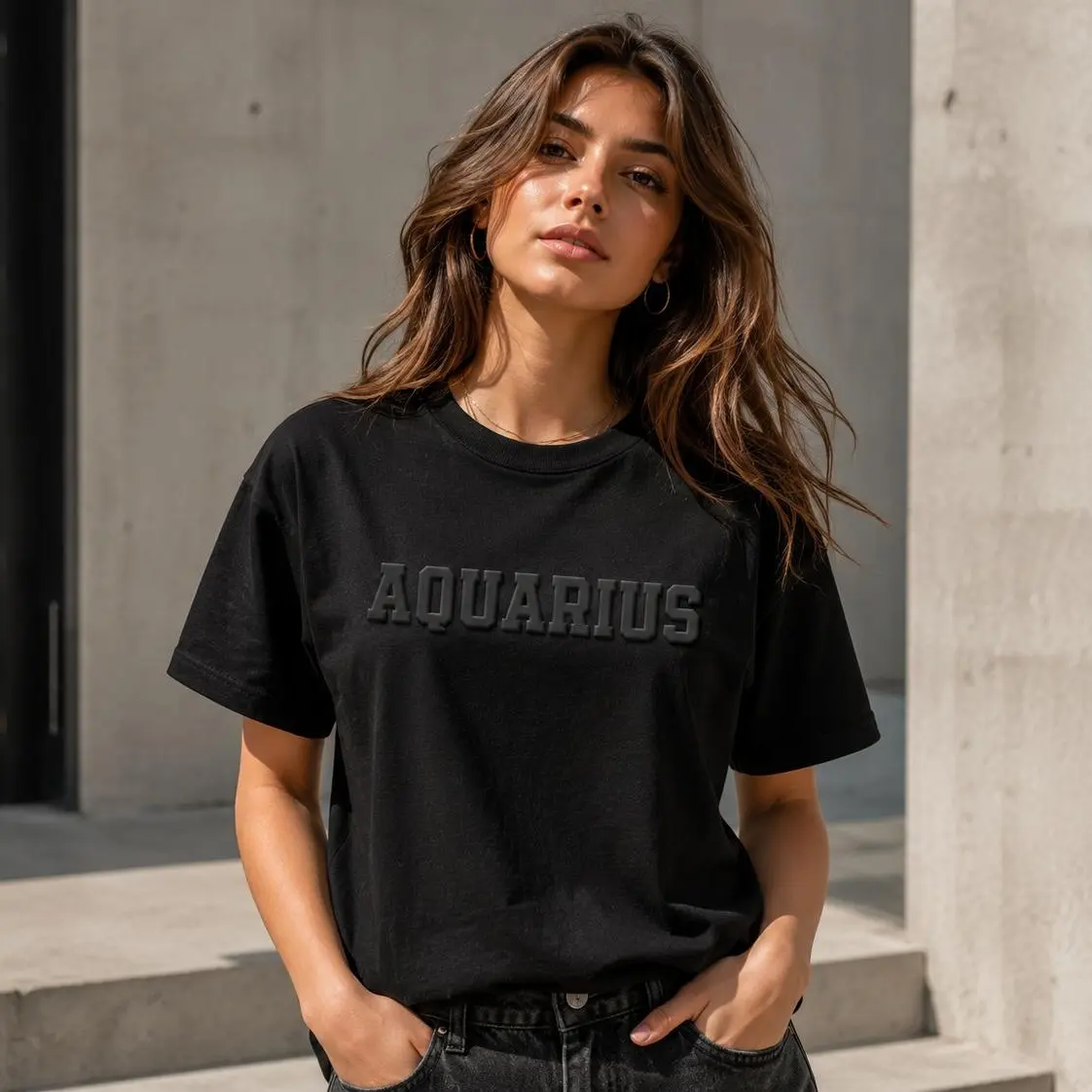 Black Zodiac Puff Print Premium Round Neck T-shirt