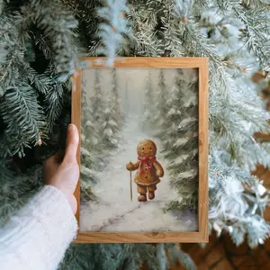 Vintage Christmas Wall Art Gingerbread Man Christmas Oil Painting Forest Wall Art Printable Art Christmas Decor Hiking Winter Print Cute