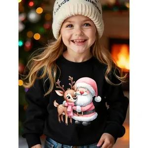 Girls' Pink Christmas SweaterShirt with Santa & Rudolph Print - Cozy Winter Pullover Dressy-Casual Sweater Vest for Holiday Parties, Events & Family Photos - Soft Round Neck Long Sleeve ' Sweating Jacket (Easy-Care)
