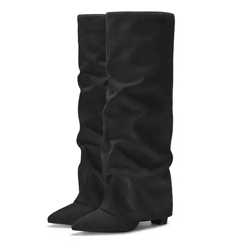 FITORY Women's Pointed Toe Slouchy Knee High Boots - Fold Over Design, Suede PU Upper, ABS TPU Sole, Slip Resistant, Retro Cowboy Shoes for Women, Fall Winter Dress Boots 3.64-inch Chunky Heel