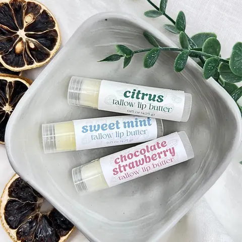 Hand-Poured Lip Butter Trio - Made in Small Batches with Grass-Fed Tallow Butter, Jojoba Oil, and Herbal Extractions