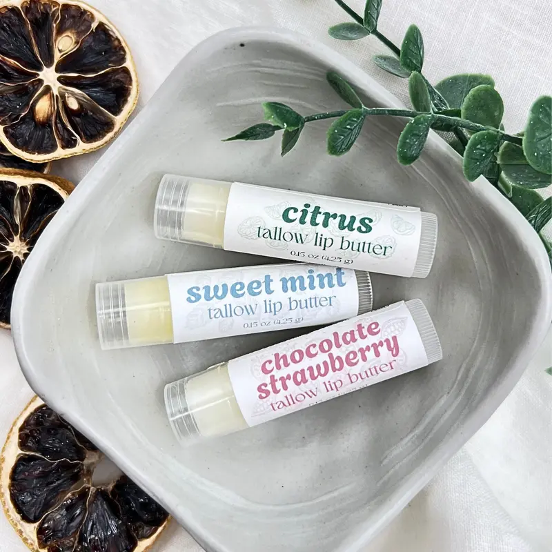 Hand-Poured Lip Butter Trio - Made in Small Batches with Grass-Fed Tallow Butter, Jojoba Oil, and Herbal Extractions