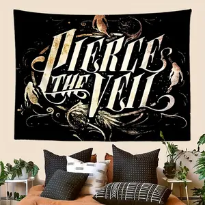 1pc Pierce the Veil Band Tapestry - Vintage Poster - Black Background with White & Golden Swirls and Birds - Music Album Wall Decor for Bedroom, Living Room, Dorm - Perfect Gift for PTV Fans - Easy Hang No Electricity Needed, Music Decor, B
