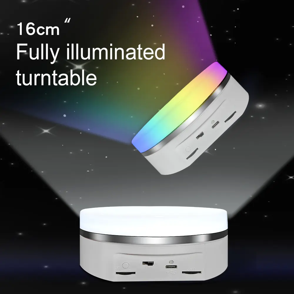 Variety Colors Full Panel LED Luminous Rotating Display Stand , 11 Lbs Load, 360 Degree Photography Turntable for Glass Crystal , Jewelry (6.3inch / 5Color LED Light / White/Rechargeabl) Display Shelf Display Rack