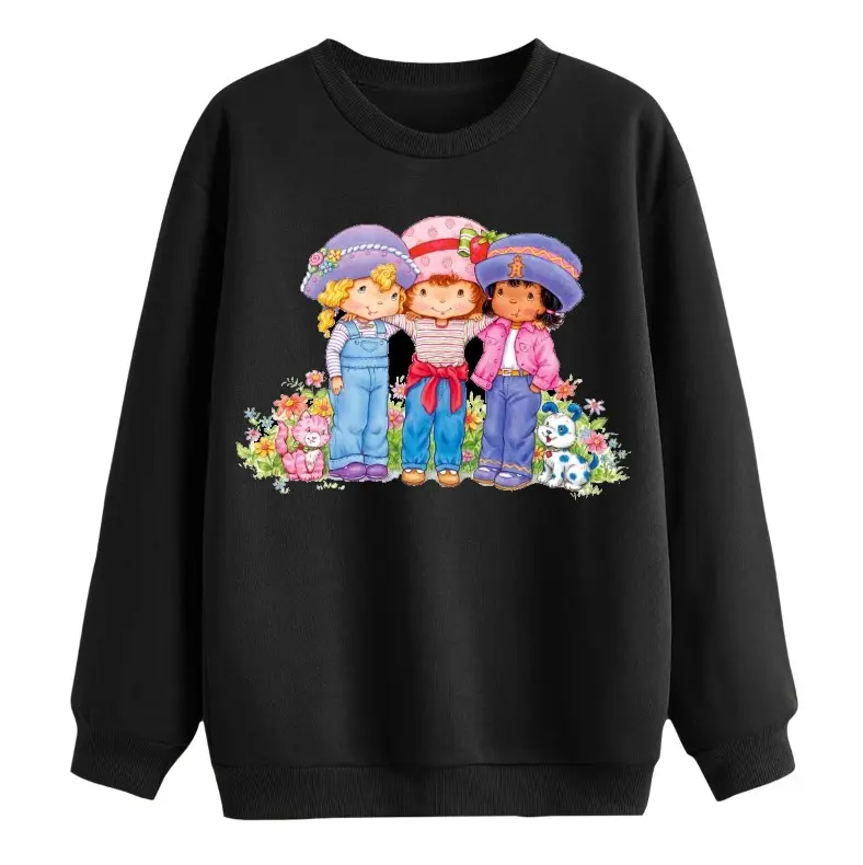 Strawberry Shortcake with Two Friends Hugging, Flanked by Two Cute Dogs Shirt, Adorable Girly Cartoon Sweatshirt