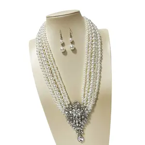 Multi Tiers Faux Pearls Jewelry Set with Necklace Earrings Party Accessories