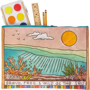 Primitives by Kathy Jumbo Pouch Brave Free & Wild As The Sea Zipper Folder 14.25" x 10" Wood Burned Design Post Consumer Material Beachy Coastal Style