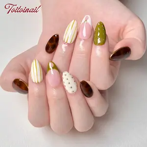 Olive Amber Handmade Press-On Nails | Short Almond Shape, 10pcs | Olive Green Tortoiseshell Gold Studs | Vintage Luxury Aesthetic | For Work, Date, Daily | High Gloss | Reusable DIY Nail Art