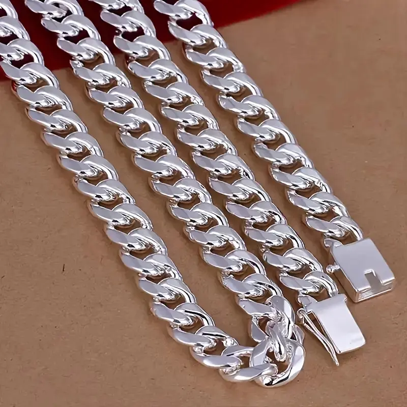 925 Sterling Silver Cuban Chain Necklace - 10mm Wide Square Buckle, Stylish Party Accessory, Ideal Gift for Boyfriends (Father's Day) jewelry