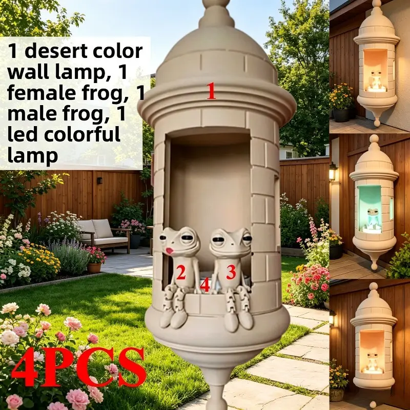 4pcs (1 Wall Lantern, 1 Female Frog, 1 Male Frog, 1 Seven-Color Light) Puerto Rico Garita Wall Gecko Castle Statue Wall Hanging Handmade Home Decoration, 3D Printed, Holiday Decoration, Suitable for Halloween, No Batteries Required